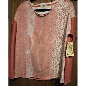 ONE WORLD Pink Red Artsy Knit top size L boho global dyed patchwork distressed